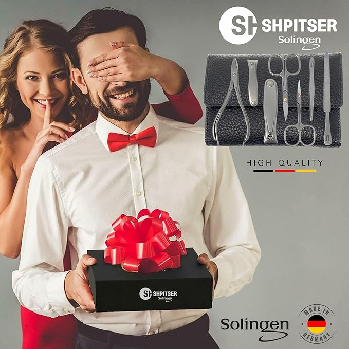 SHPITSER Professional 7pc TopInox Surgical Stainless Steel Tools Manicure Pedicure Set in Genuine Durable Leather Case Handmade in Solingen Germany for Nail and Cuticle Care