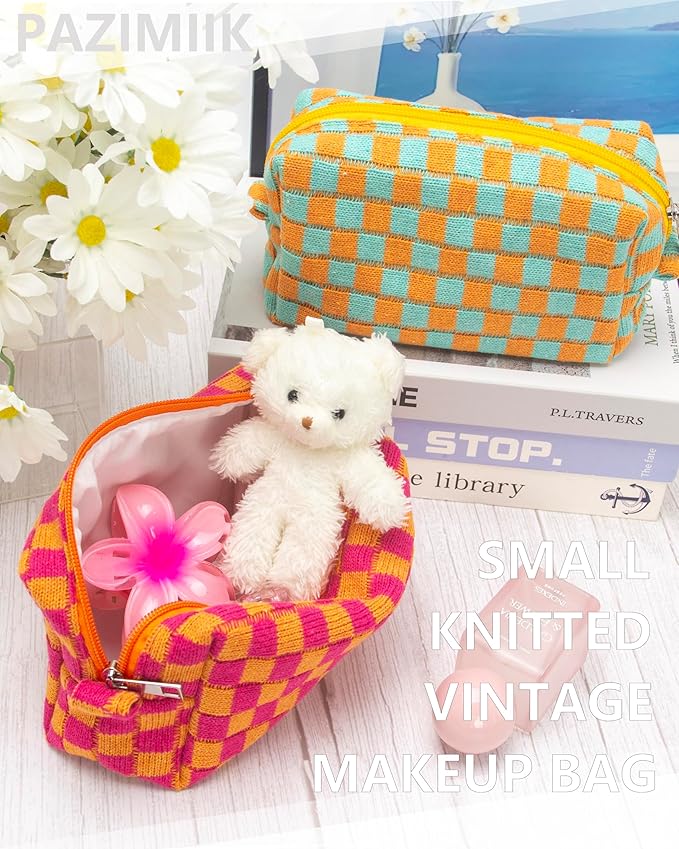 PAZIMIIK 6PCS Checkered Makeup Bag for Purse Portable Zipper Make Up Pouch Small Cosmetic Case for Travel Red Orange