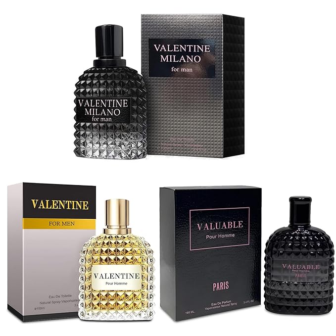 3Pack Men Colognes Combo Set Milano,Valentin,Valuable Paris 3.4 Fl Oz Each Eau De Parfume Spray with Woody Floral & Fruity Scent Perfume Gift Set Day to Night Use Fragrances
