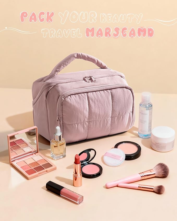 Travel Makeup Bag for Women, Toiletry Organizer with Waterproof Pockets, Puffy Cosmetics Pouch for Makeup Brushes, Skincare & Travel Essentials, Pink (Bag only)