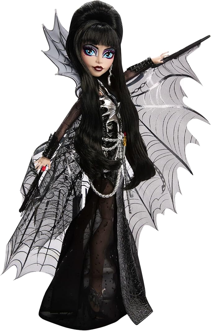 Monster High Doll, Elvira, Mistress of The Dark Collectible in Black Faux Leather Dress with Silvery Batwing Cape and Premium Accessories (Amazon Exclusive)