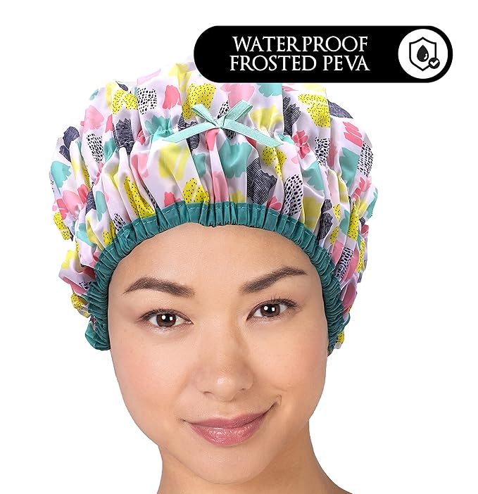 Reusable Shower & Bath Cap & Lined, Oversized Waterproof Shower Caps Large Designed for all Hair Lengths with PEVA Lining & Elastic Band Stretch Hem Hair Hat - Fashionista Living Color