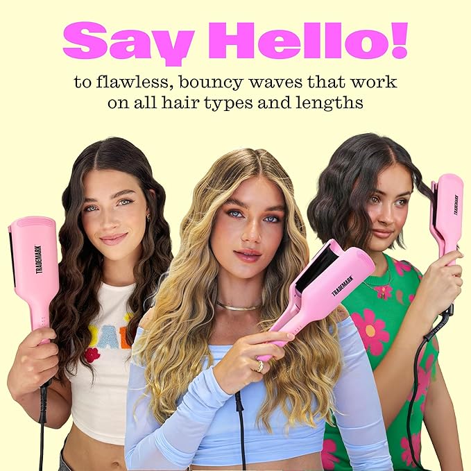 Trademark Beauty Hair Waver - Double Barrel Hair Crimper, Beach Waves Curling Iron, Babe Waves X, Adjustable Temperature Hair Curler, Hair Styling Tools, 1.25" - Pink