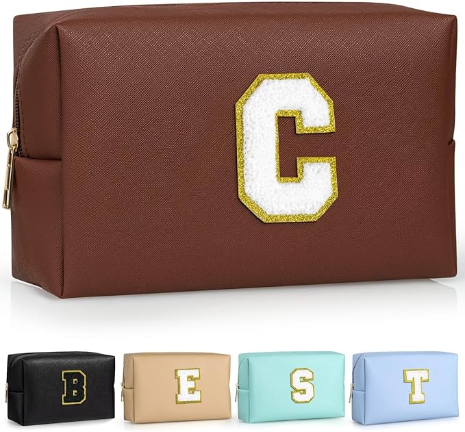 TOPEAST Gifts for Friends Female Mom, Cute Makeup Bag Small Pink Cosmetic Bag Travel Toiletry Bag, Personalized Birthday Gift for Women Girl, Preppy Travel Stuff for Girls (Brown C)