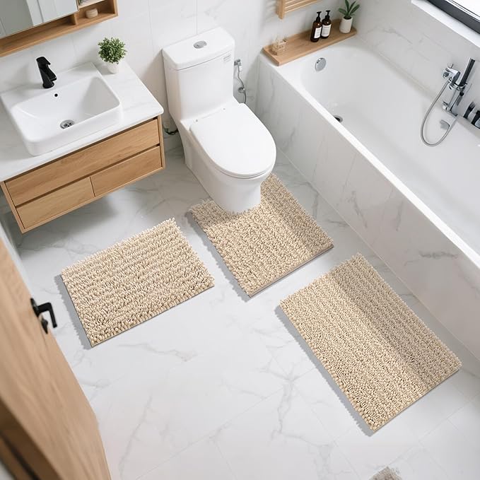 Yimobra Bathroom Rugs Non Slip Washable 32x20 Inch - Ultra Soft Absorbent Chenille Bath Mat, Quick Dry Shaggy Floor Carpet for Tub Shower, Light Brown Home Decor Accessories
