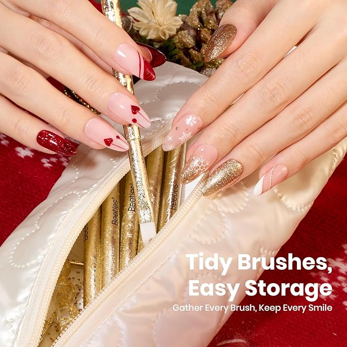 Beetles Christmas Nail Art Brushes 6pcs – Golden Gleam Nail Art Tools Liner Brushes for Nails Dotting Tool Gradient/French/Petal Manicure Design Pen with Star Palette Holder Nails Stickers Pouch Bag