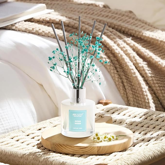 Airkeep Reed Diffuser Set,3.38 fl oz (100 ml) - Ocean Breeze Oil Diffusers with 8 Reed Sticks, Home Fragrance Reed Diffuser for Bathroom Shelf Decor
