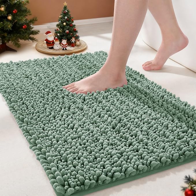 Yimobra Bathroom Rugs Non Slip Washable - Ultra Soft Absorbent Chenille Bath Mat, Quick Dry Shaggy Floor Carpet for Tub Shower, Green Home Decor Accessories, 24x17 Inch