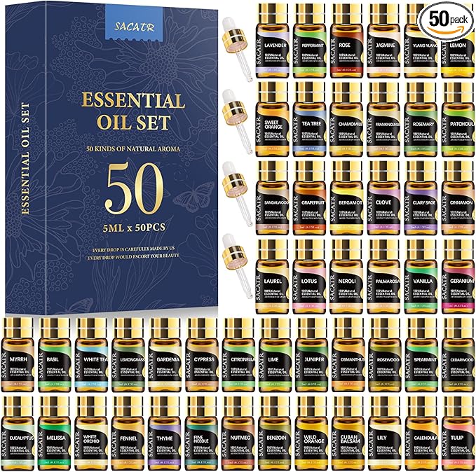SACATR 50 Pcs Natural Essential Oil Set -Essential Oils Gift Set for Diffuser, Home Care, DIY Candle and Soap Making(50 * 5ML)