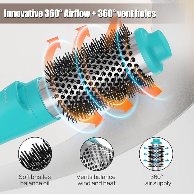 Dan Technology 1.5 Inch Titanium-Ceramic Hot Air Thermal Brush, Heated Round Barrel Blowout Brush with Negative Ions for Smooth Volume & Shiny Hair, Gentle Airflow 2 Speeds & 3 Heat Settings 120V Cyan