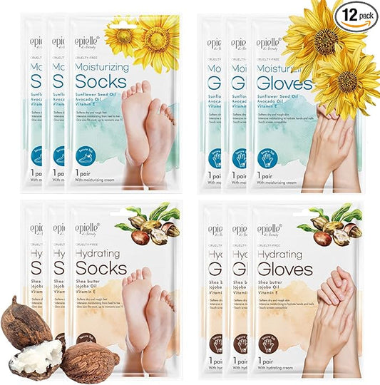 Epielle Hydrating & Moisturizing Hand & Foot Masks for Dry, Rough Skin, Self Care Gifts for Women, Spa Kit, Stocking Stuffers, Thanksgiving Essentials, 6 Moisturizing Gloves & 6 Moisturizing Socks