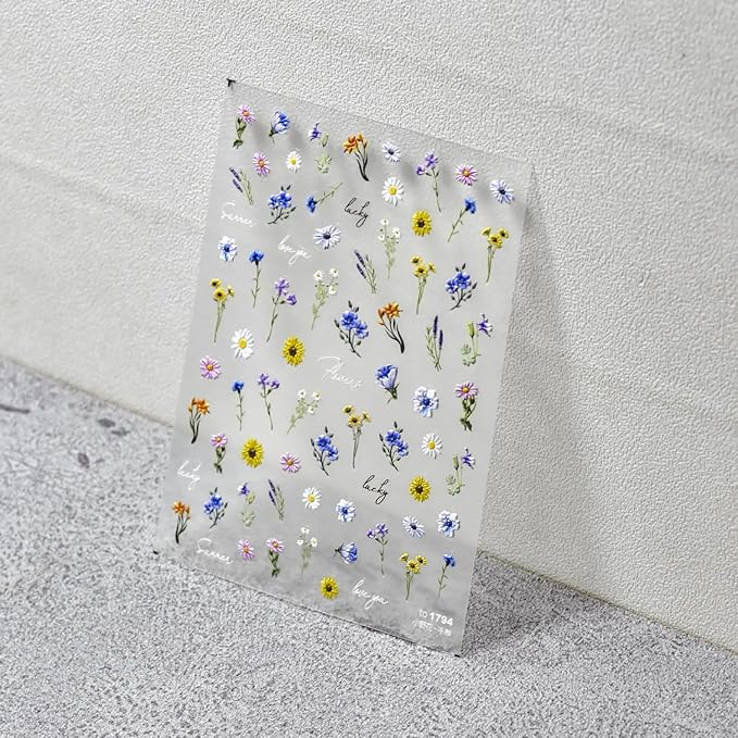 Flower Nail Art Stickers Decals 5D Flowers Nail Stickers Summer Daisy Sunflower Design Nail Decals for Nail Art Decorations Flower Stickers for Nails Fresh Floral Manicure Sliders for Women Girls