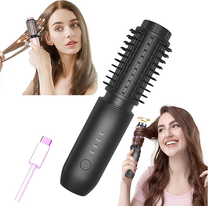 2-in-1 Cordless Curling Iron & Straightener Brush,Heated Hair Styler with Needle Teeth Comb,USB-C Rechargeable,4 Temp,200M Ionic (Black)