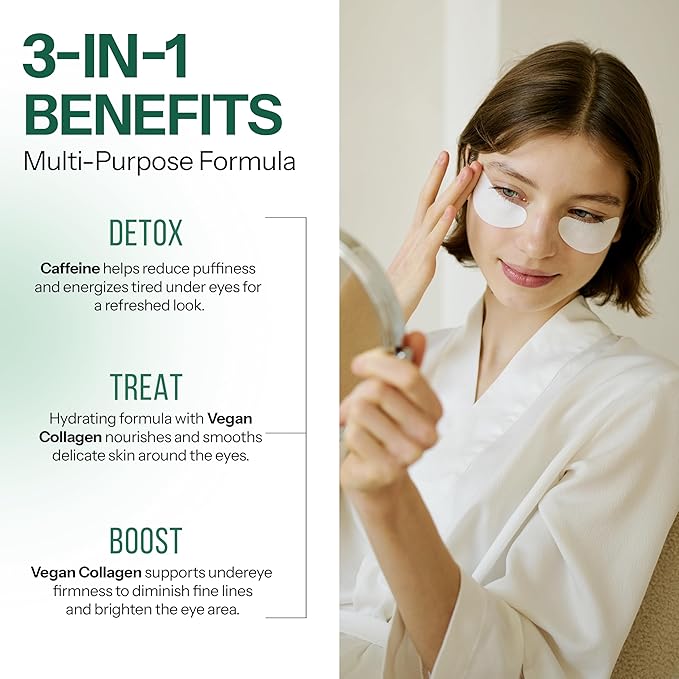 Under Eye Patches with Caffeine & Collagen – 3-in-1: Detox, Treat, Boost – Dermatologist Tested, Korean Skin Care – Depuffing Eye Pads for Wrinkles & Dark Circles – 5 Pairs