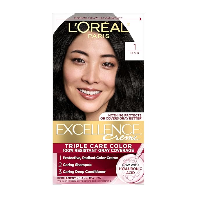 L'Oreal Paris Excellence Crème Permanent Hair Dye, Triple Care Hair Color with Pro-Keratine Complex for 100% Gray Hair Coverage, 1 Black, 1 Kit
