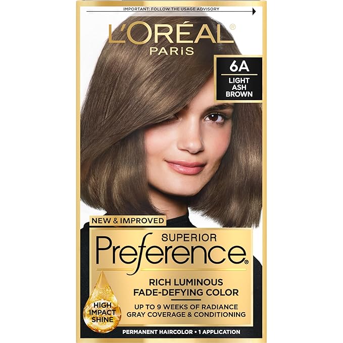 L'Oreal Paris Superior Preference Luminous Fade-Defying Permanent Hair Color, Hair Dye For Up to 9 Weeks of Radiance, Light Ash Brown 6A, 1 Hair Dye Kit