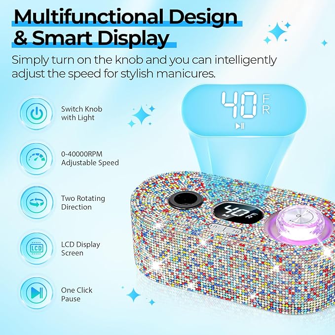 Electric Nail Drill Professional: Shiny 40000RPM Electric Nail File Kit E File Nail Drill Machine with LCD Display for Acrylic Gel, Manicure Pedicure Polishing Grinder for Salon Home, Diamond