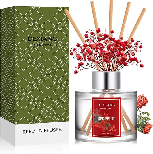 Reed Diffuser Set - 3.38 fl oz Red Fruit Premium Scented Oil with Preserved Baby's Breath & Cotton 6 Sticks | Long-Lasting Aromatherapy for Home, Bedroom, Bathroom, Office Home Decor