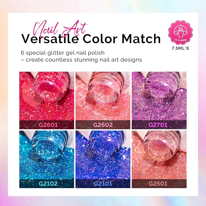 MelodySusie 7.5ML Glitter Gel Nail Polish Set, 6 Colors Sparkle Gel Polish Kit Blue Purple Pink Glitter Gel Polish Gifts for Women Nail Art Manicure Salon DIY Nail Design Decoration at Home