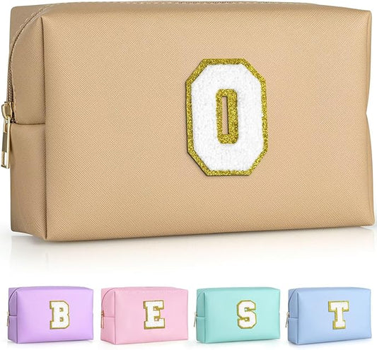 TOPEAST Small Makeup Bag Initial Cosmetic Bag Travel Toiletry Bag, Personalized Birthday Gift for Mom Sister Friends Teacher Nurse, Preppy Travel Stuff for Girls (Khaki O)