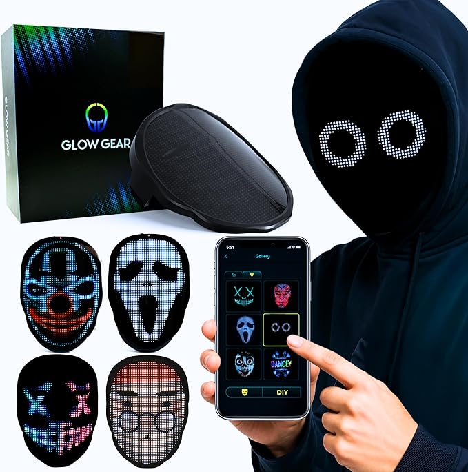 Glow Gear Face Transforming LED Mask App-Controlled Light Up Cosplay Mask with 115+ Animated Faces, Customizable LED Patterns, Rechargeable Battery Rave, Festival, Halloween, DJ Accessory