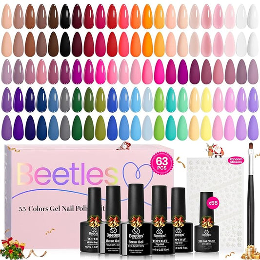 Beetles Winter Gel Nail Polish Set - Vibrarnt Holiday 55 Colors Gel Polish Kit with 5 Bottles Base Glossy Matte Top Coat UV LED Soak off Nail Polish Red Brown Pink Green Blue Christmas Gifts for Women