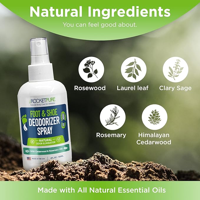 Rocket Pure Natural Foot & Shoe Deodorizer Spray - Foot Spray for Smelly Feet & Shoe Spray for Smelly Shoes - Removes, Controls & Prevents Odors - Made with Essential Oils - Made in USA (Cedar, 4oz)