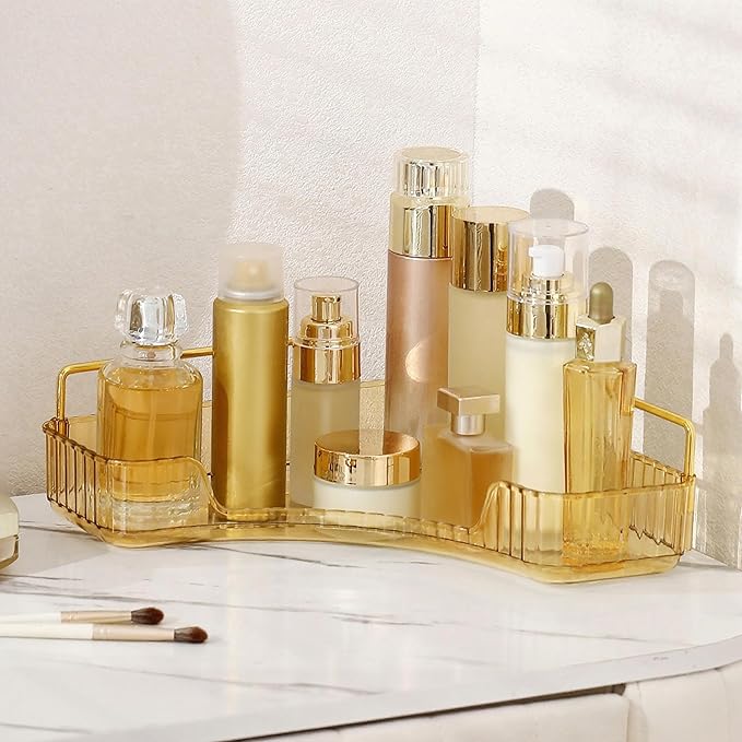 YCIA&DONE Corner Bathroom Counter Organizer, Makeup Organizer for Vanity, Skincare Cosmetic Perfume Tray, Corner Countertop Shelf Rack Storage for Bathroom Kitchen 1 Tier (Amber Gold)