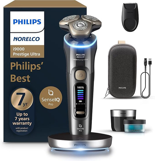 Philips Norelco Shaver i9000 Prestige Ultra, Wet & Dry Electric Shaver, Dark Slate, SenseIQ Pro Technology, Triple Lift & Cut System, 360 Rotating NanoTech Precision Blades, Quick Clean Pod, XP9402/86