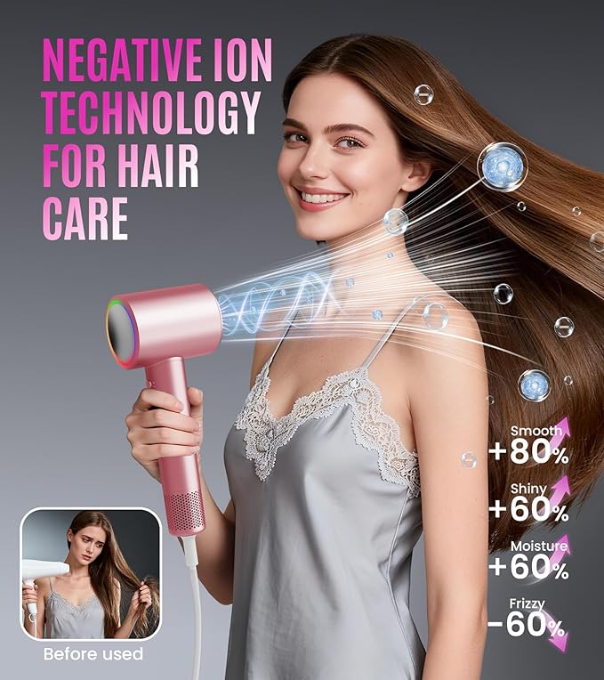 16W RPM High-Speed Hair Dryer for Fast Drying, Quiet lonic Blow Dryer with Frizz Control & No Heat Damage, Lightweight Travel Hair Dryer with Magnetic Nozzles for Curly & Straight Hair (Pink)