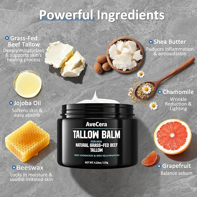 Beef Tallow Balm for Men, Grass-Fed Beef Tallow Face Moisturizer Cream - Anti-Aging Hydrating Nourishes Smooths Wrinkles for All Skin Types Mens Skin Care - Unscented 4.23 oz