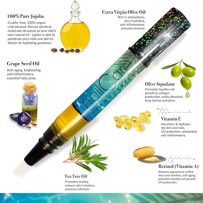 Cuticle Oil Pen for Nails - Nail Strengthener & Growth Serum for Damaged Nails, Hangnails w/Jojoba cuticle oil—Mixed Fragrances - Holographic Glitter Pens 4-Pack