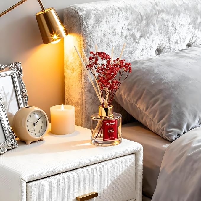 Reed Diffuser Set - 3.38 fl oz Rose Premium Scented Oil with Preserved Baby's Breath & Cotton 6 Sticks | Long-Lasting Aromatherapy for Home, Bedroom, Bathroom, Office Home Decor