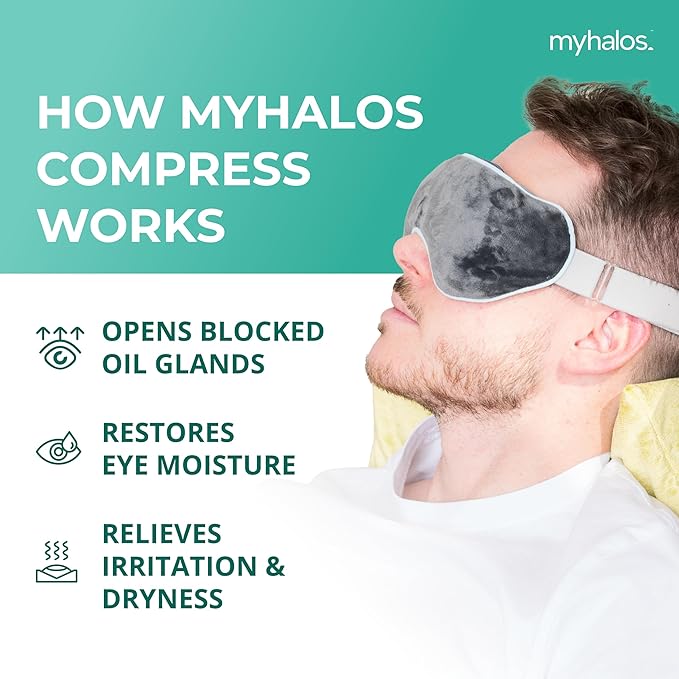 MyHalos® Heated Eye Mask for Dry Eyes - Steam Warm Compress for Eyes - Remove Styes, Chalazion Therapy Warming and Heating Pad Hot Compress - Moist Heat Mask for Blepharitis & MGD