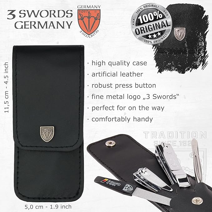 3 Swords Germany - Brand Quality 4 Piece Manicure Pedicure Grooming kit Set for Professional Finger & Toe Nail Care Tweezers File Clipper Fashion Leather case in Gift Box, Made by 3 Swords (77211)