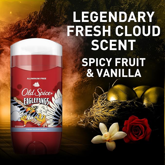 Old Spice Aluminum Free Deodorant for Men, 24/7 Odor Protection, 24/7 Freshness & Lasting Scent, Goes on Clear, Eaglefangs with Fresh Cloud Scent, 3.0 oz (Pack of 3)
