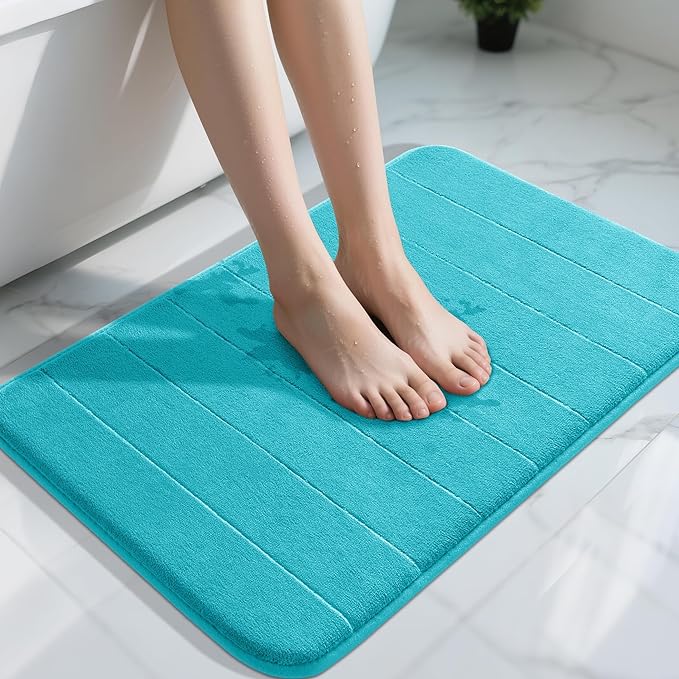 Yimobra Memory Foam Bath Mat, Super Soft Absorbent Bathroom Rug Non Slip 31.5x20 Inch, Quick Dry, Machine Washable Floor Carpet for Tub Shower, Home Decor Accessories, Lake Blue
