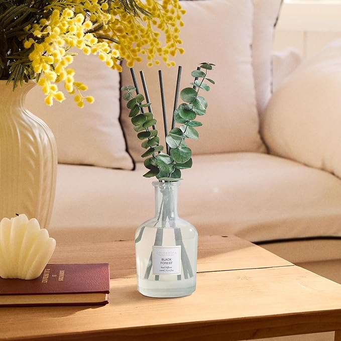 COCORRÍNA Black Forest Reed Diffuser – 6.76 oz Essential Oil with Sticks & Dried Eucalyptus Branches, Home Fragrance for Bedroom or Bathroom Décor