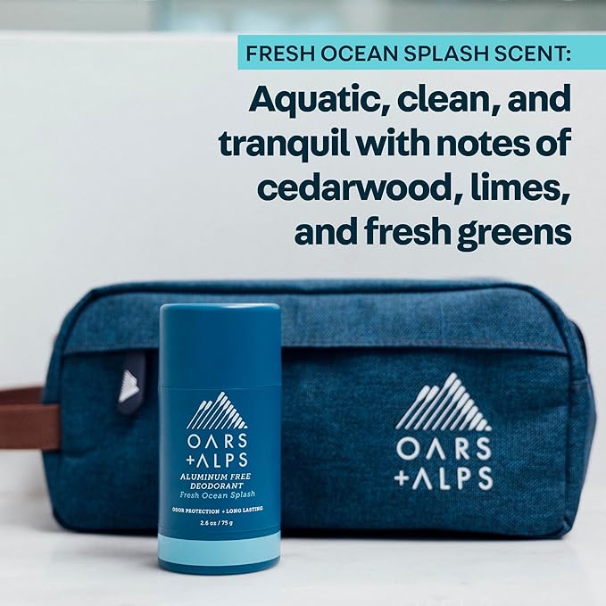 Oars + Alps Deodorant for Men & Women, Aluminum Free Deodorant for Men, Dermatologist Tested, Clean Ingredients, Non Toxic, Vegan, Long Lasting, Odor Protection, Fresh Ocean Splash, 1pk, 2.6oz