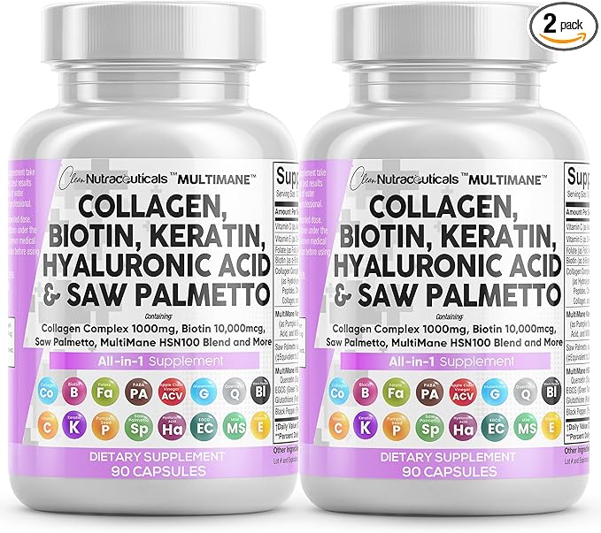 Clean Nutraceuticals Collagen Pills 1000mg Biotin 10000mcg Keratin Saw Palmetto Hyaluronic Acid - Hair Skin & Nails Vitamins & DHT Blocker (90 Count (Pack of 2))