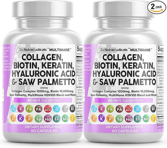 Clean Nutraceuticals Collagen Pills 1000mg Biotin 10000mcg Keratin Saw Palmetto Hyaluronic Acid - Hair Skin & Nails Vitamins & DHT Blocker (90 Count (Pack of 2))