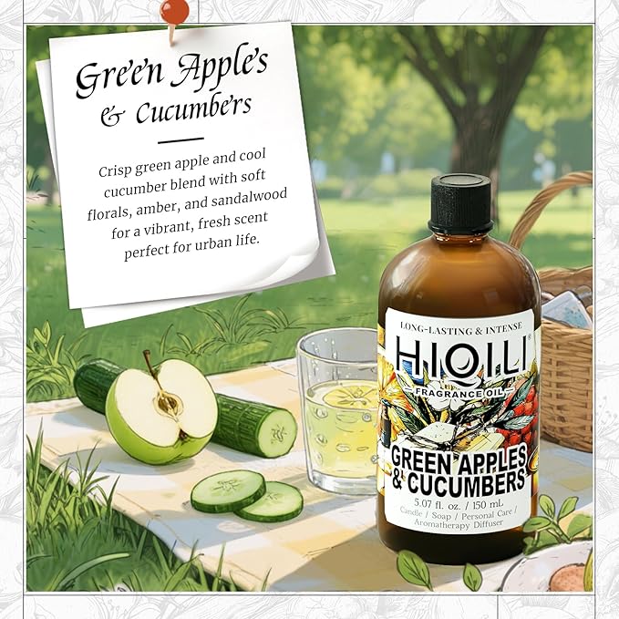 HIQILI Green Apples & Cucumbers Fragrance Oil for Candle, Soap, Perfume Making, Inspired by D.Ka-Ran B.De-Licious, Fresh Scents, Add to Skin & Hair Care Products - 5.07 Fl Oz