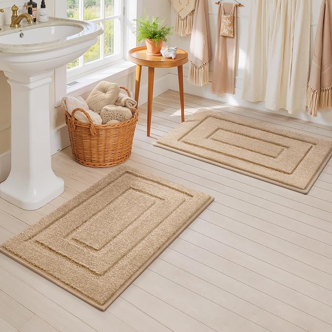 GRANNY SAYS Bathroom Rugs Sets 2 Piece,Soft Bath Mats for Bathroom, Bath Rugs Non Slip Washable, Absorbent Bath Rug for Tub, Shower and Toilet, Bath Mat Set (Khaki, 20" x 32" + 16" x 24")