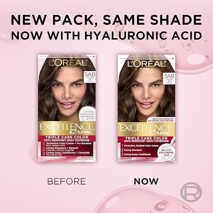 L'Oreal Paris Excellence Crème Permanent Hair Dye, Triple Care Hair Color with Pro-Keratine Complex for 100% Gray Hair Coverage, 5AB Mocha Ash Brown, 1 Kit