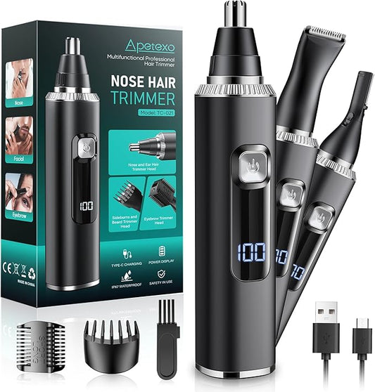 Nose & Ear Hair Trimmer, Type-C Rechargeable Precision Groomer for Men & Women, Painless Double-Edged Blades, IPX7 Waterproof & Easy to Clean for Nose, Ears, and Facial Hair