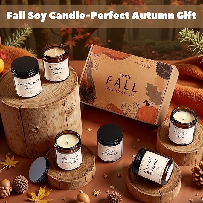 Auelife Fall Scented Candles - Pumpkin Candle Set of 6 | Ginger, Apple, Cake, Caramel, Latte & Spiced Pumpkin Soy Candles | Autumn Candle for Home Décor & Gifts for Women, Cozy Fall Aromatherapy
