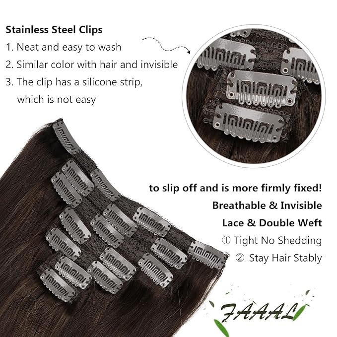 22" Clip in Human Hair Extensions Full Head 200g 10 Pieces 22 Clips 2# Dark Brown Double Weft Brazilian Real Remy Hair Extensions Thick Silky Straight (22" 200g, Dark Brown)