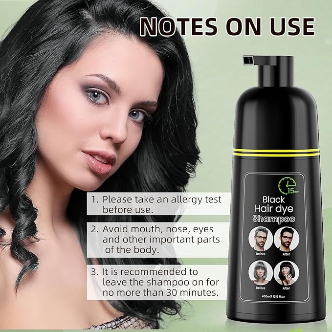 Black Hair Dye Shampoo, Semi-Permanent Hair Color Shampoo for Women and Men, Herbal Ingredients and No Ammonia, 3 in 1-100% Grey Coverage 400ml/ 13.5 fl.oz