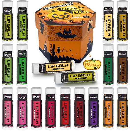 Yopela 19 Pack Halloween Natural Lip Balm Bulk with Vitamin E and Coconut Oil Lip Care Set - Moisturizing, Soothing, and Repairing Dry and Chapped Lips - 18 Flavors - Non-GMO