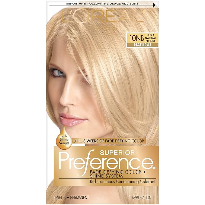 L'Oreal Paris Superior Preference Luminous Fade-Defying Permanent Hair Color, Hair Dye For Up to 9 Weeks of Radiance, Ultimate Natural Blonde 10NB, 1 Hair Dye Kit